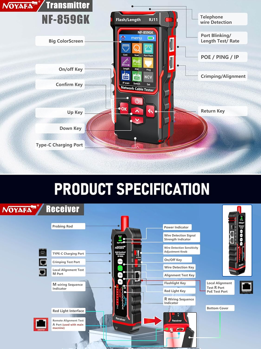 NOYAFA NF-859GK - Probador de cable de red con probador IP localizador visual de fallas de 10 mw, probador Ethernet de tóner de cable PING/POE/RJ45 RJ11 UTP CAT5 CAT6 para líneas telefónicas CAT3,