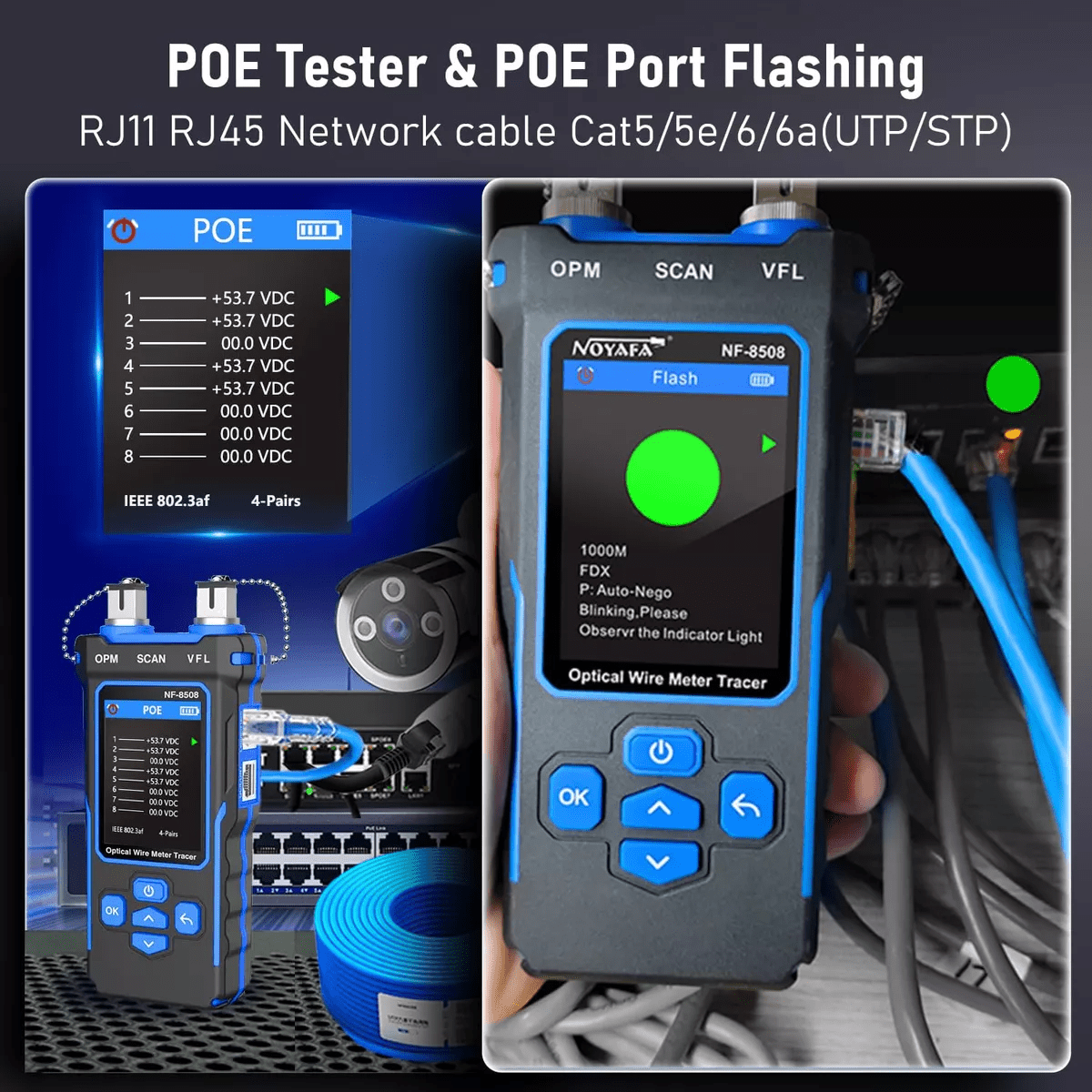 Noyafa NF - 8508 Tester de cable multifución para RJ11/45, Poe, Fibra Óptica - SyM Asociados