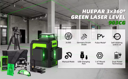 Nivel láser verde huepar 903CG 12 líneas recargable(Dos baterías)