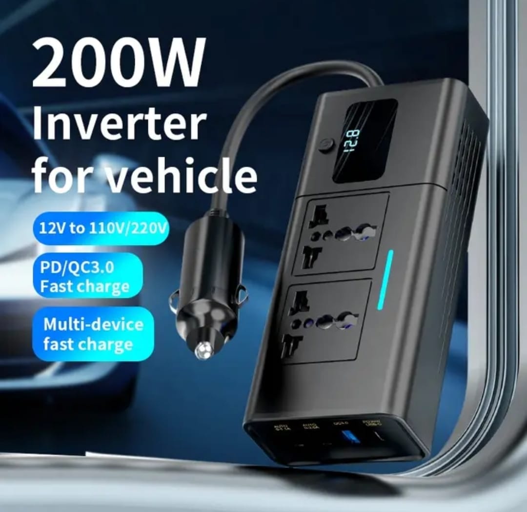 Inversor Conversor de Corriente 12V a 220 V Carga Rapida hasta 200 W(Autos)