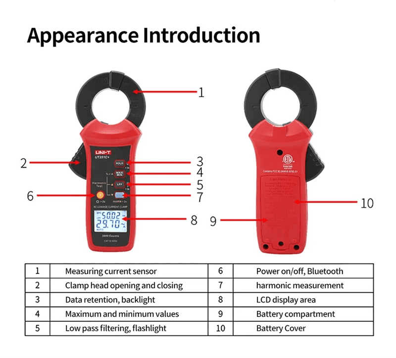 UNI-T UT251C+ Pinza amperimétrica digital de corriente de fuga de CA 3mA-60A TRMS Bluetooth APP-
