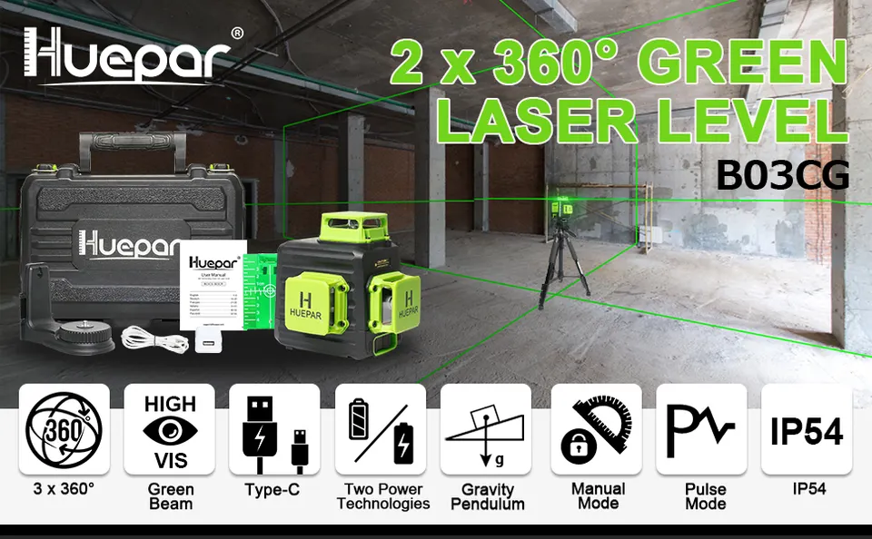  Huepar Nivel láser autonivelante 3 x 360 ° Bluetooth al aire  libre Línea láser 3D Green Beam Herramienta láser de nivelación y  alineación de tres planos con modo de pulso y