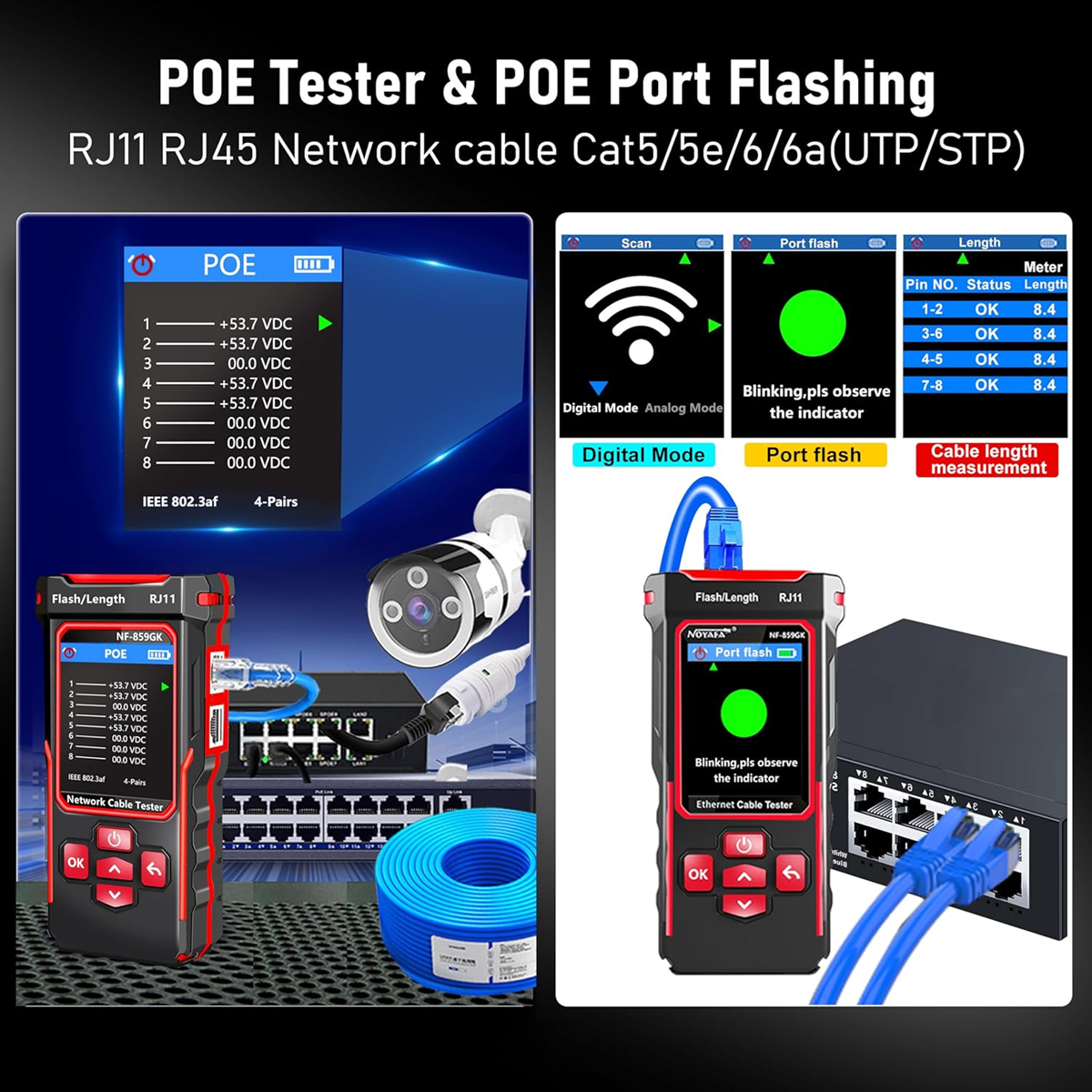 NOYAFA NF-859GK - Probador de cable de red con probador IP localizador visual de fallas de 10 mw, probador Ethernet de tóner de cable PING/POE/RJ45 RJ11 UTP CAT5 CAT6 para líneas telefónicas CAT3,