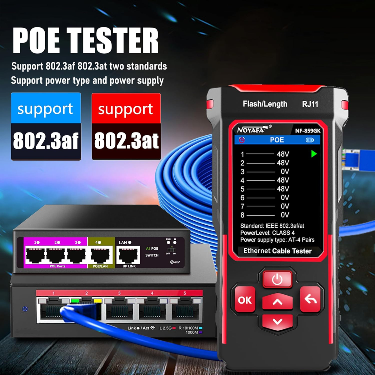 NOYAFA NF-859GK - Probador de cable de red con probador IP localizador visual de fallas de 10 mw, probador Ethernet de tóner de cable PING/POE/RJ45 RJ11 UTP CAT5 CAT6 para líneas telefónicas CAT3,