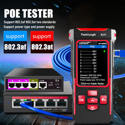 NOYAFA NF-859GK - Probador de cable de red con probador IP localizador visual de fallas de 10 mw, probador Ethernet de tóner de cable PING/POE/RJ45 RJ11 UTP CAT5 CAT6 para líneas telefónicas CAT3,
