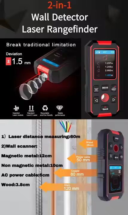 NOYAFA 3 en 1 Scanner de Pared, Distanciómetro e Inclinómetro NF-518S