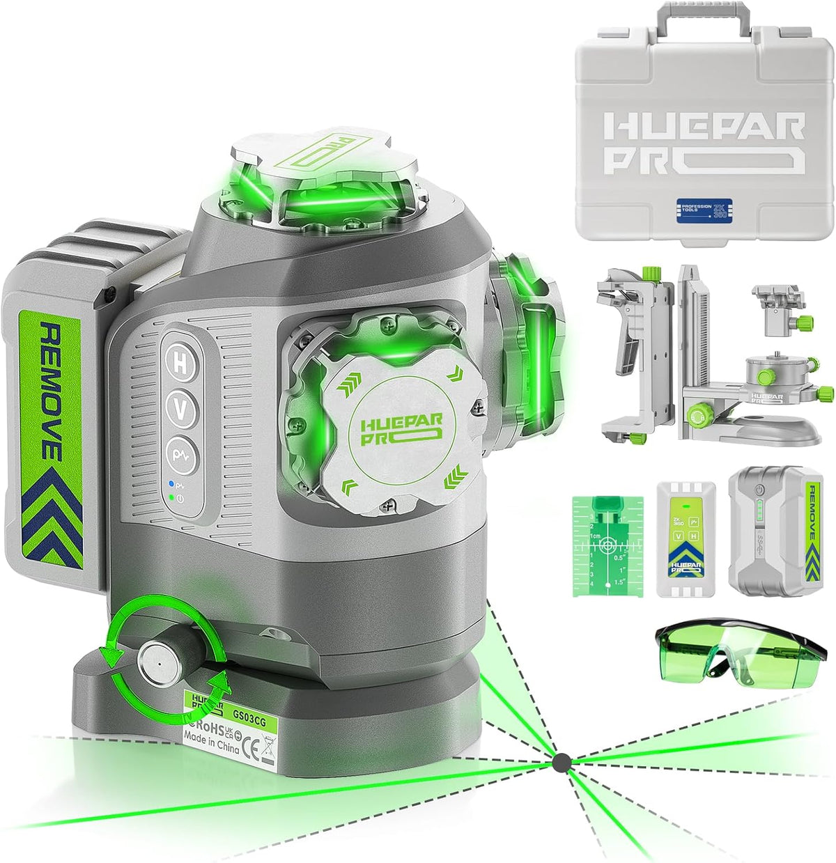 Nivel láser verde Huepar Pro GS03CG 12 líneas 3x360° con estuche, soporte magnético y control remoto - SyM Asociados Perú