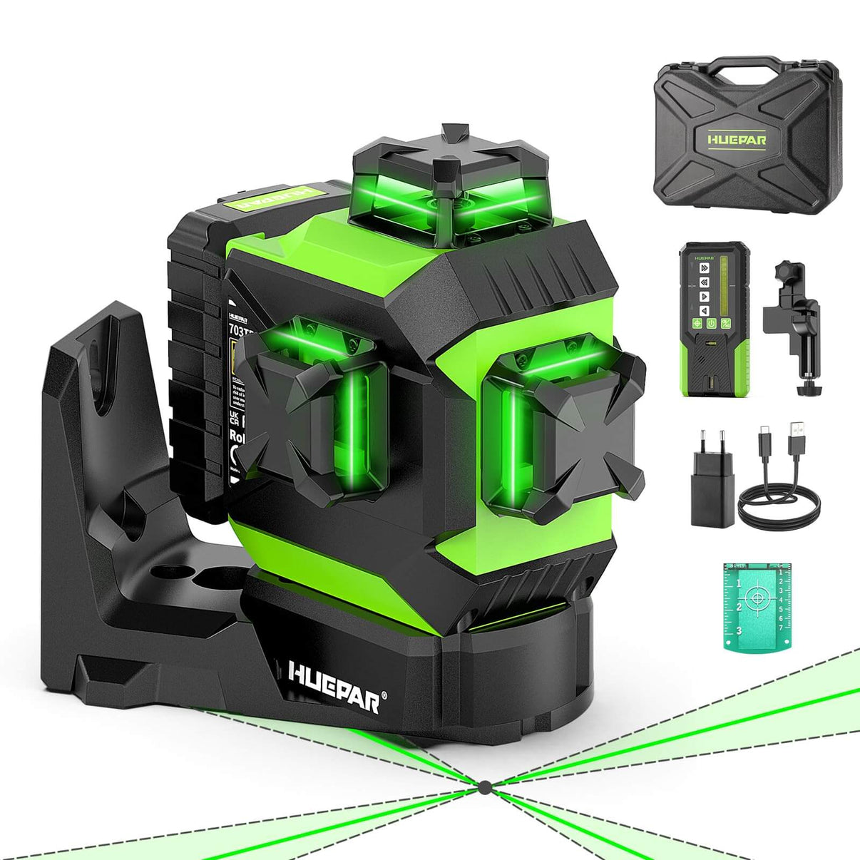 Huepar 703TR | Nivel Láser 3D 12 Líneas Verdes Autonivelante - SyM Asociados Perú