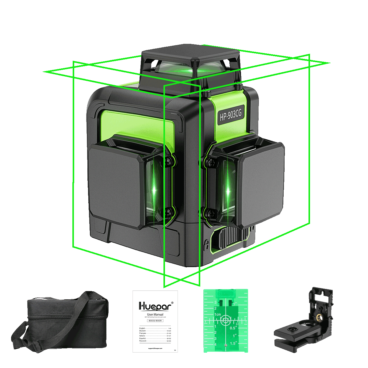 Huepar 903CG Nivel Láser Verde 12 Líneas con accesorios - SyM Asociados Perú