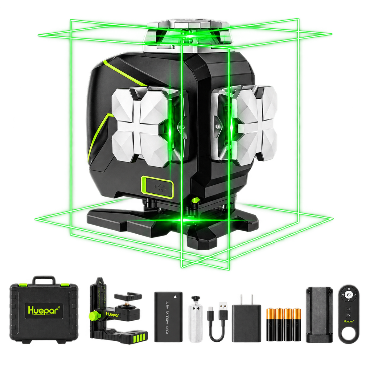 Huepar S04CG Nivel Láser 4D 16 Líneas Verde con accesorios - SyM Asociados Perú