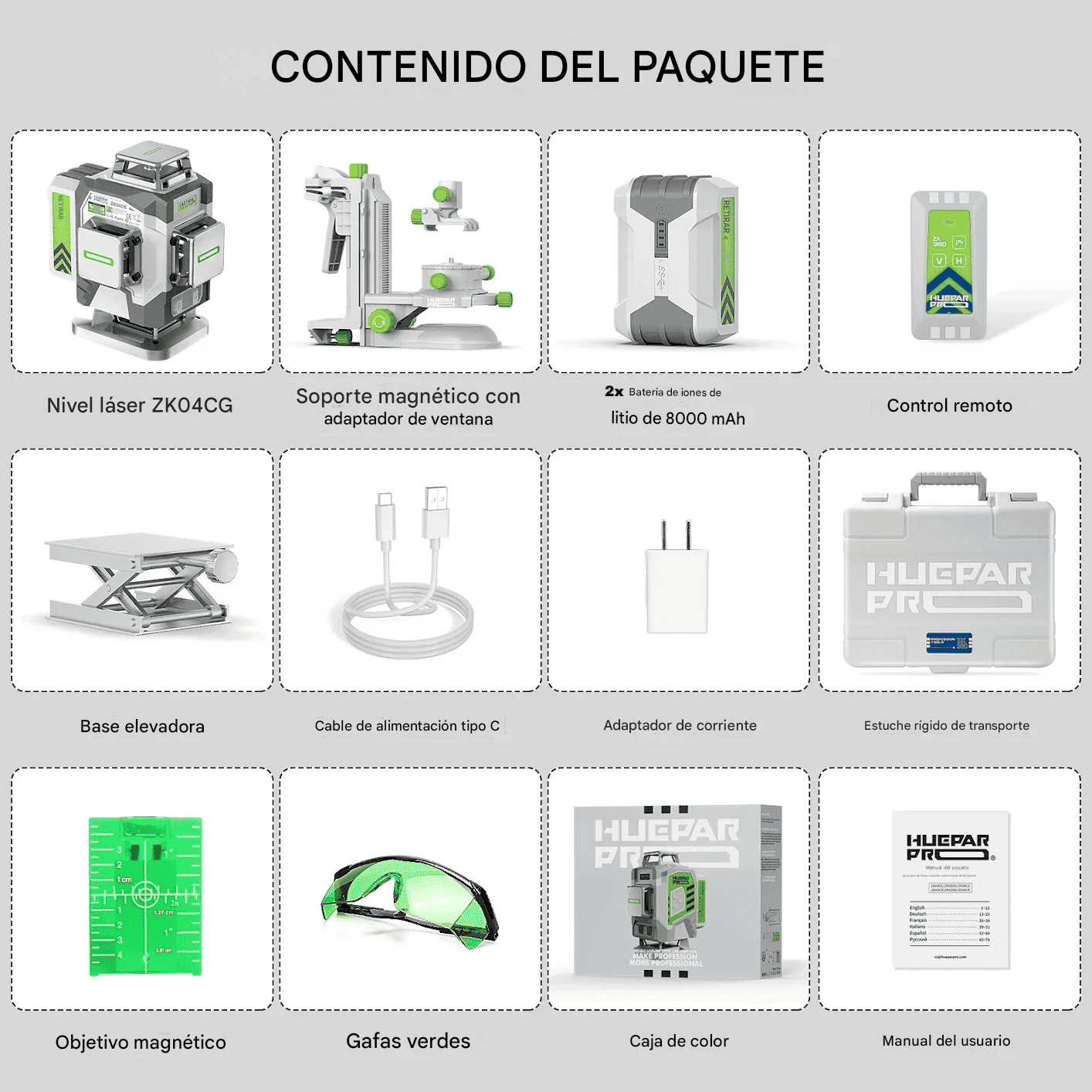 Combo completo HueparPro - ZK04CG - Nivel láser de 4D con batería recargable de iones de litio de 8000 mA - SyM Asociados