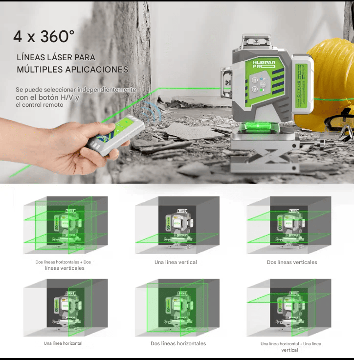 Combo completo HueparPro - ZK04CG - Nivel láser de 4D con batería recargable de iones de litio de 8000 mA - SyM Asociados