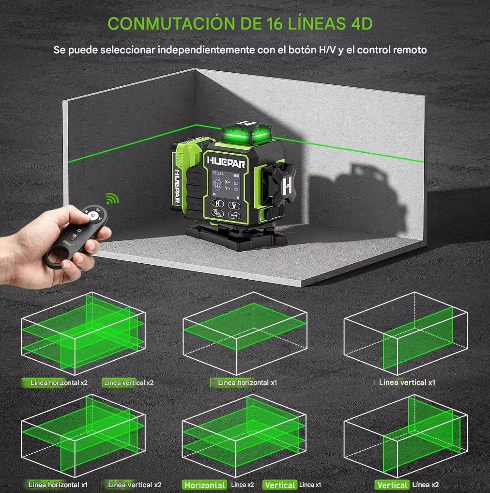 Combo Completo Nivel laser verde Huepar 2024 W04CG 16 líneas - SyM Asociados