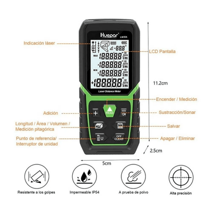 Medidor de distancia Láser y ángulo Huepar LM120A LCD - SyM Asociados