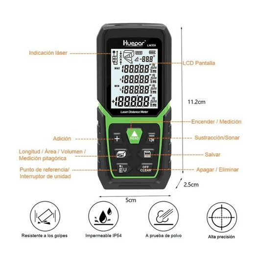 Medidor de distancia Láser y ángulo Huepar LM120A LCD - SyM Asociados