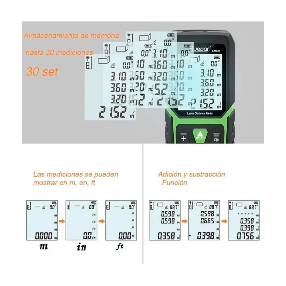 Medidor de distancia Láser y ángulo Huepar LM120A LCD - SyM Asociados