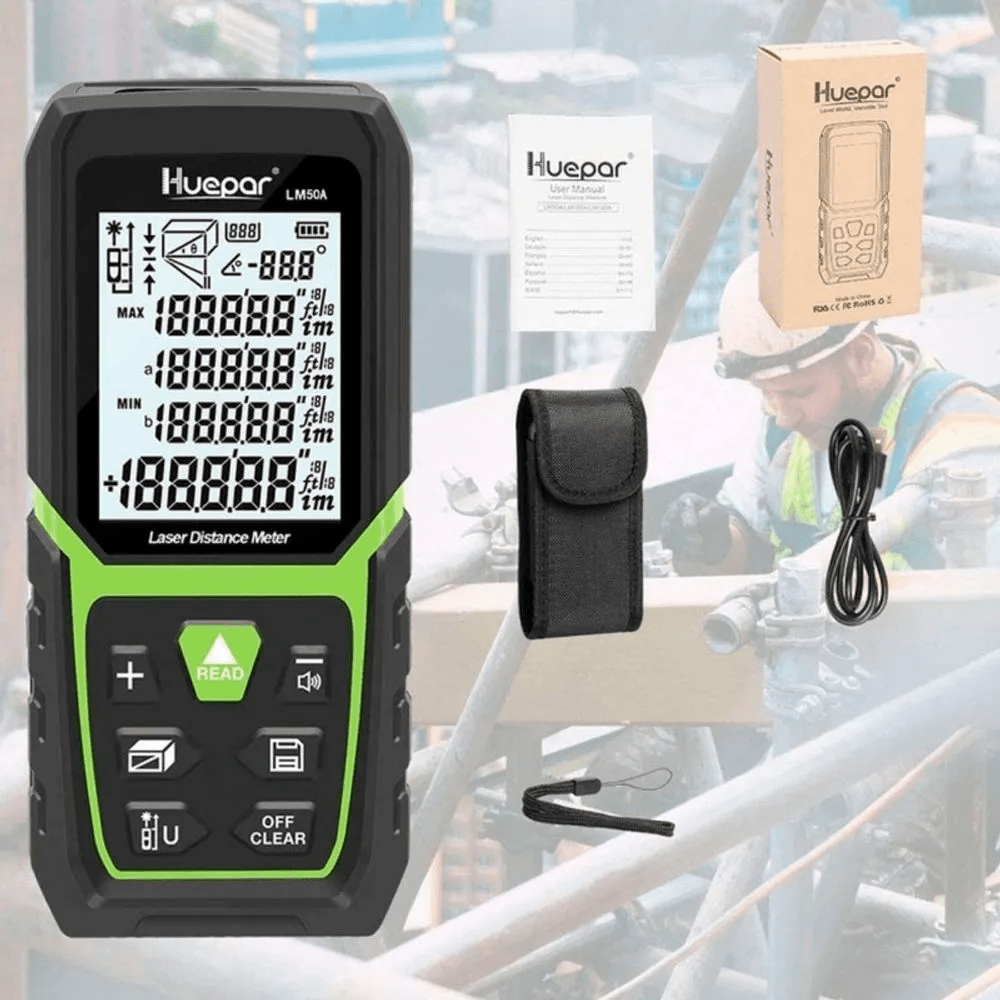 Medidor de distancia Láser y ángulo Huepar LM120A LCD - SyM Asociados