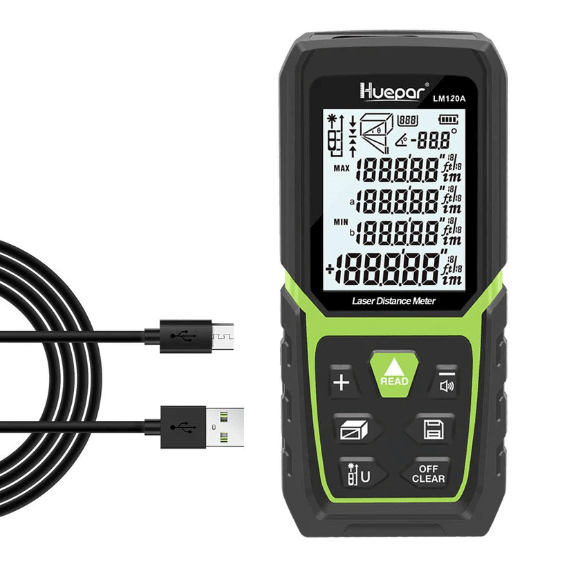 Huepar LM120A | Distanciómetro Láser 120m con Sensor Angular Pantalla - vista posterior - SyM Asociados Perú