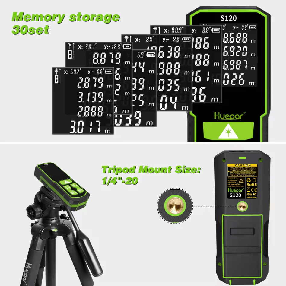 Medidor de DISTANCIA Laser Y ÁNGULO HUEPAR S 60 100 120 pantalla LCD Digital Recargable - SyM Asociados