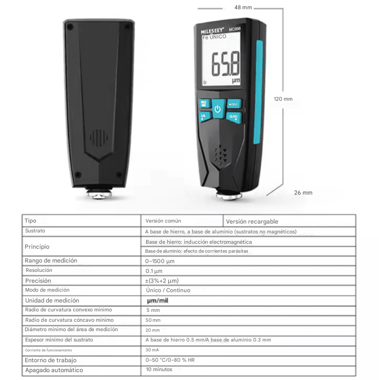 Medidor de espesor de pintura Profesional Mileseey MC998 para Metales Ferrosos y No Ferrosos - SyM Asociados