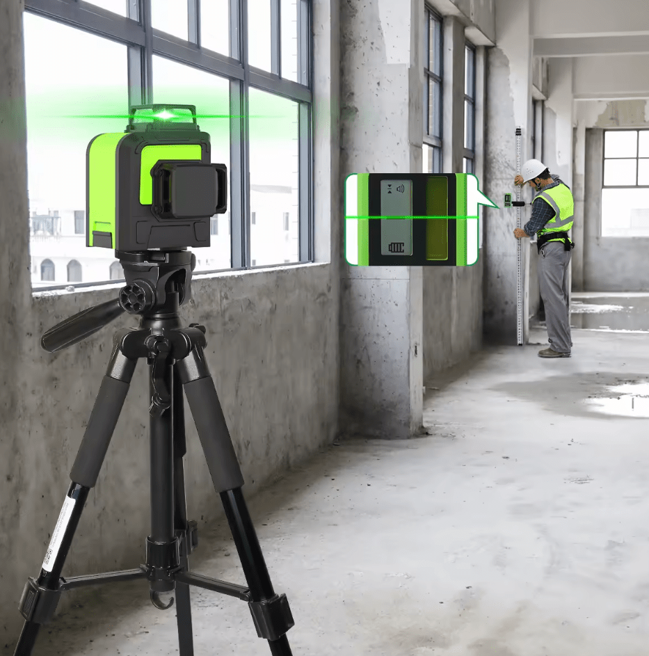 Nivel láser verde huepar 903CG 12 líneas recargable(Dos baterías)+ trípode huepar - SyM Asociados