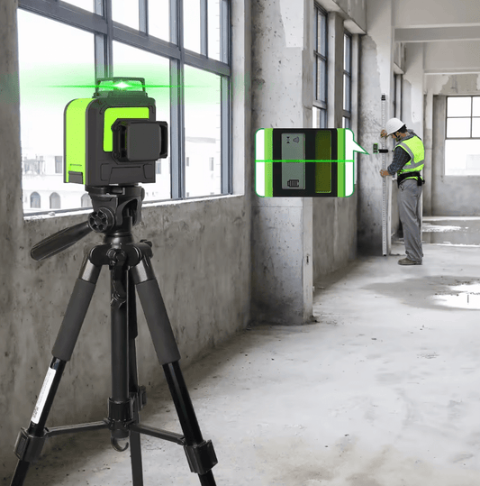 Nivel láser verde huepar 903CG 12 líneas recargable(Dos baterías)+ trípode huepar - SyM Asociados