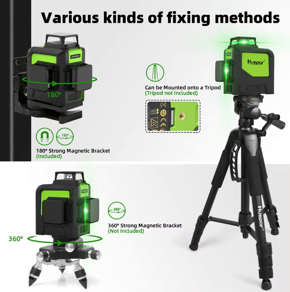Nivel láser verde huepar 903CG 12 líneas recargable(Dos baterías)+ trípode huepar - SyM Asociados