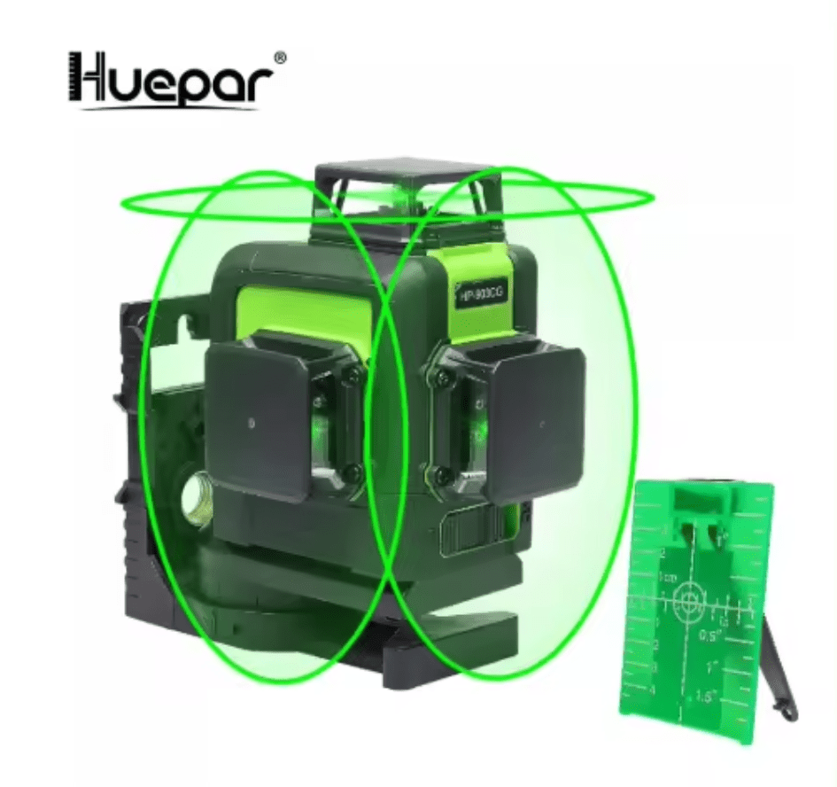 Nivel láser verde huepar 903CG 12 líneas recargable(Dos baterías)+ trípode huepar - SyM Asociados