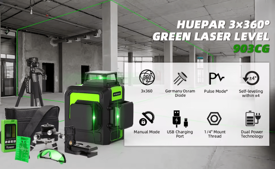 Nivel láser verde huepar 903CG 12 líneas recargable(Dos baterías)+ trípode huepar - SyM Asociados