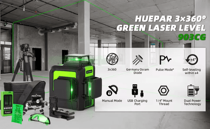 Nivel láser verde huepar 903CG 12 líneas recargable(Dos baterías)+ trípode huepar - SyM Asociados