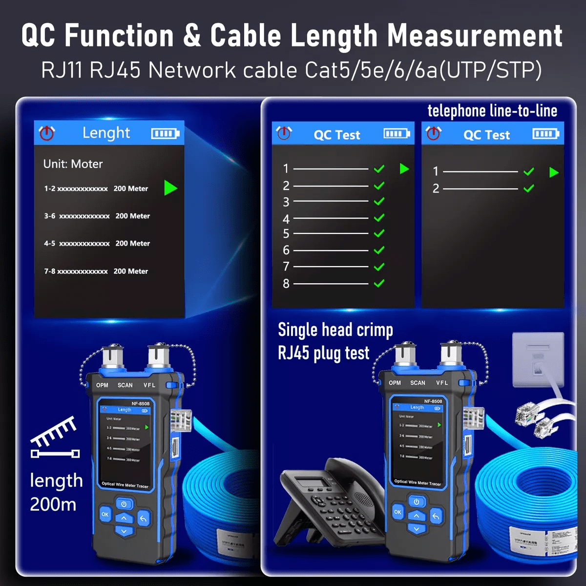 Noyafa NF - 8508 Tester de cable multifución para RJ11/45, Poe, Fibra Óptica - SyM Asociados