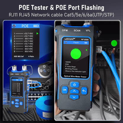 Noyafa NF - 8508 Tester de cable multifución para RJ11/45, Poe, Fibra Óptica - SyM Asociados